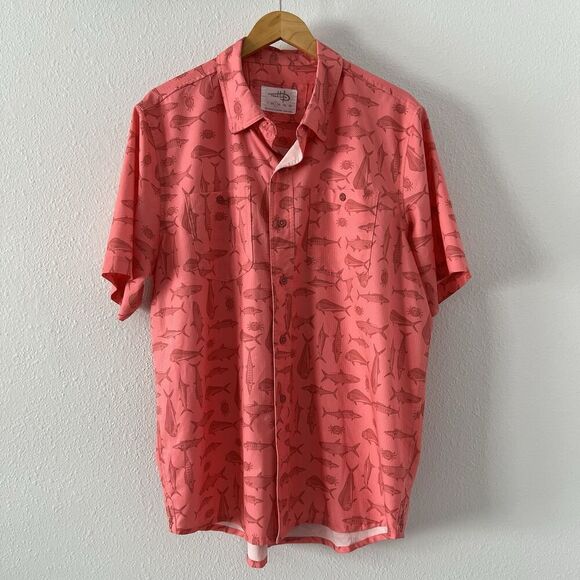 Reel Life Button Down Shirt Mens L Orange Fish Print Hawaiian Camp Outdoor Vacay - Picture 1 of 12